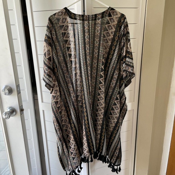 Beach Cover Up Open Front Caftan Style Black Southwest Print Black Tassels - Picture 2 of 6